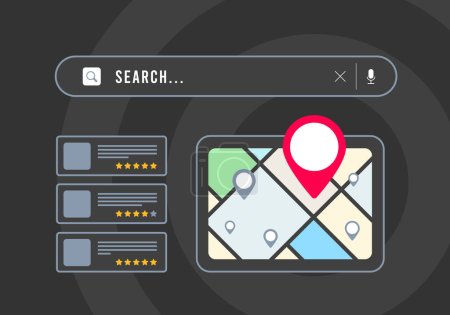 Local Search - small business seo marketing strategy based on consumer near me searches. Browser with local business listing, map and red pin icon, search result with nearby places with star rating.