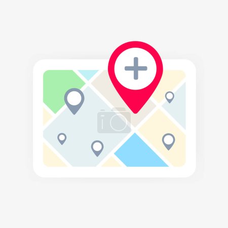 Illustration for Local Search Listing concept. Map with local business search listing featuring map icon and red pin with add plus, representing convenience of searching and finding local businesses through mapping. - Royalty Free Image