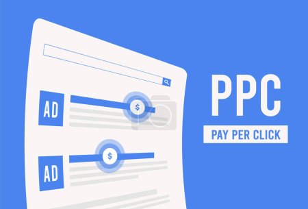 Pay per Click Werbeillustrationskonzept. PPC-Werbetreibende zahlen nur für Klicks auf ihre Online-Anzeigen, einschließlich Banner und Kontextanzeigen. Digitale Marketing-Kampagne mit Pay-per-Click-Werbung.