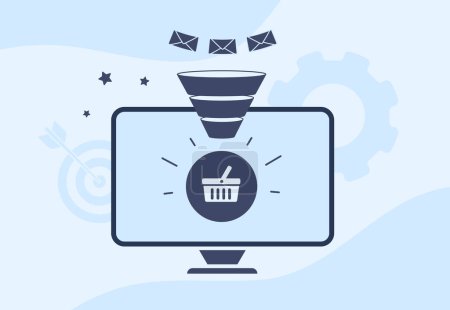 Illustration for Email Marketing abandoned cart recovery strategy concept. Sales funnel with targeted emails to increase conversion of adding orders to cart and completing final order. - Royalty Free Image