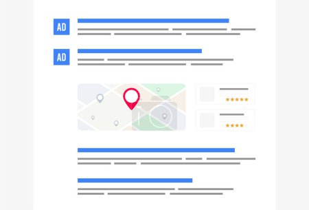 Illustration for Text-based ads, paid, organic and local search results on search engine results page. Improve online visibility and website ranking. - Royalty Free Image