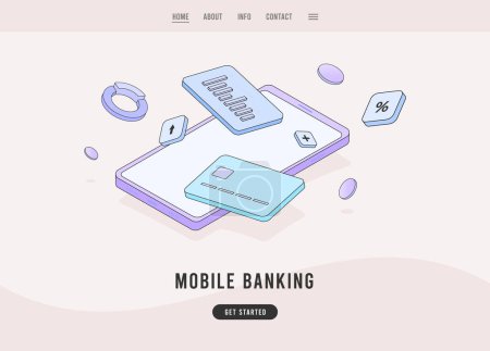 Illustration for Mobile banking - manage money, tracking personal finances on-the-go. Smartphone with financial elements such as graphs, up arrows, bank card, interest rates and coins. Vector landing page template. - Royalty Free Image