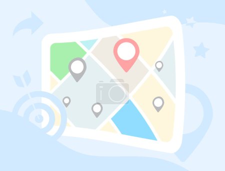 Illustration for Local search concept. Map with red pin depicts convenience of finding local near me businesses. Illustration for local search strategy articles, mapping, location-based marketing. - Royalty Free Image