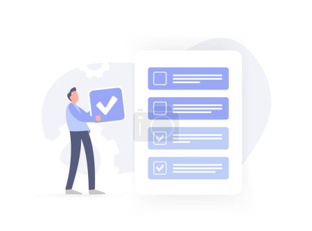Illustration for To-do list app concept features task management and reminders, with check mark list. Person holding check mark, symbolizing completion of task or solution to problem. Flat design vector illustration. - Royalty Free Image
