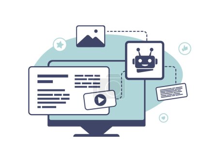 KI-Content-Erstellung für SEO-Artikel, Blogs und Online-Shops. KI Generiert Text, visuelle Elemente wie Bilder und Videos für effizientes SMM und Content Marketing. Automatisierung Social Media Konzept.