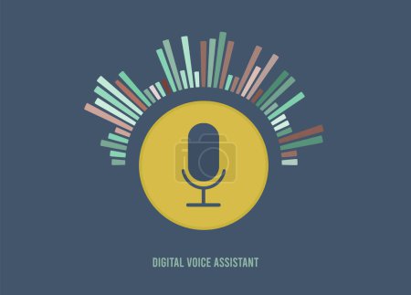 Concept d'assistant vocal numérique avec icône de microphone et design d'onde sonore. L'arrière-plan de flux d'onde d'égaliseur représente la reconnaissance vocale et sonore. Assistant personnel, concept de vecteur de reconnaissance vocale