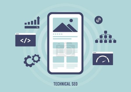 Technical SEO concept. Improve websites search engine ranking with technical on-page SEO optimization. Create seo-friendly site structure, improve website speed, use sitemap and mobile-friendly design