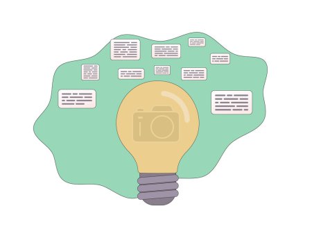 Illustration for Lit light bulb symbolizing breakthrough moments, surrounded by text notes representing ideas and decisions. Vector illustration for promoting brainstorming and problem-solving articles. - Royalty Free Image