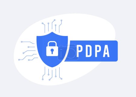 Ilustración de Proteja los datos PII con PDPA - Ley de protección de datos personales. Proteger la gestión de datos y prevenir ataques de hackers con el icono de candado en la red de tecnología de Internet. Normativa de protección de datos personales. - Imagen libre de derechos
