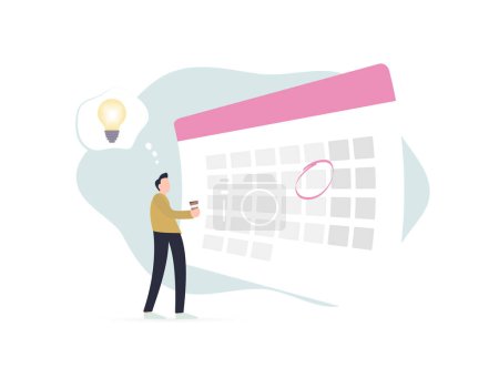 Illustration for Meet deadlines and breakthrough moments with effective time management. Important dates on calendar with light bulb symbols for inspiration. Man with coffee cup representing ideas and decision-making. - Royalty Free Image