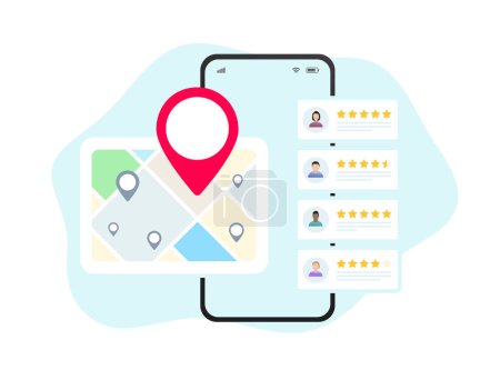 Local SEO for small businesses. Marketing based on customer ratings and reviews. Listings with maps, red pins, and star ratings for nearby places.