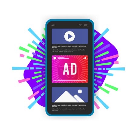 Illustration for Native Online Advertising concept. Programmatic targeted digital ads marketing strategy. Mobile website with advertising video media banner block. Boost digital marketing with native ads vector icon - Royalty Free Image