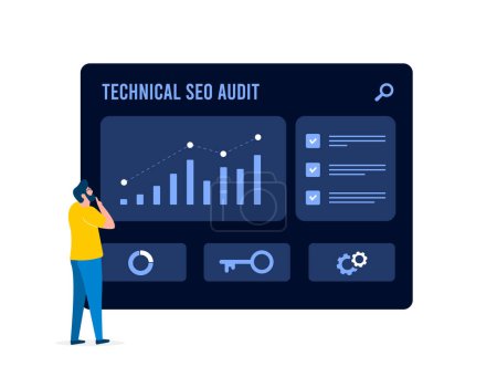 Illustration for Technical SEO Audit concept. Improve website speed, seo rankings, user experience. Optimize on-page elements, site structure, crawlability and indexation issues. Boost visibility, mobile-friendliness. - Royalty Free Image