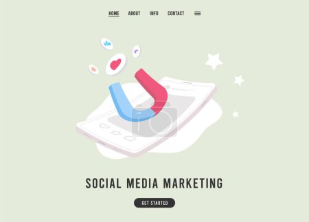 Illustration for Magnetic Social Media Marketing Website Template. Massive Magnet Attracts Money from Social Network. Symbolizing the Earning Power of Technology. Illustration of Effective SMM Strategy. - Royalty Free Image