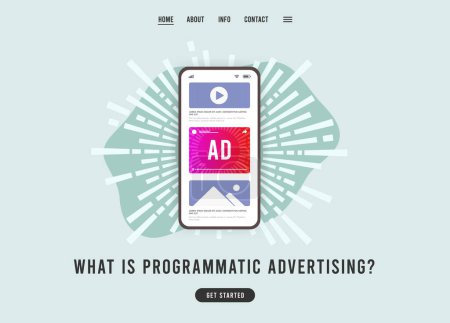 Illustration for What is Programmatic Advertising website template concept. Native online advertising digital marketing strategy. Flat design vector e-commerce landing page template. - Royalty Free Image