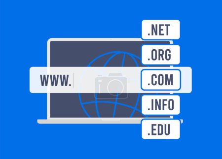 Ilustración de Registrar nombre de dominio - buscar y comprar los nombres de dominio del sitio web disponibles. Optimiza el posicionamiento SEO y de búsqueda con el nombre y la extensión correctos. Ilustración vectorial con laptop y barra de búsqueda. - Imagen libre de derechos