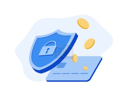 Experience secure mobile bank payments with bank credit card. Protect online transactions concept with shield icon. Flat vector illustration for online payment security.