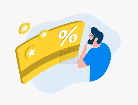 Illustration for Cashback and rewards program concept. Loyalty and money refund service. Male character looking at yellow bank credit card with cashback bonuses icons. Vector illustration - Royalty Free Image