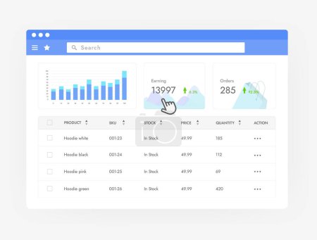Seller Dashboard - Marketplace Inventory Management concept. Seller interface of e-commerce online store with number of accepted orders and earning money. Vector illustration