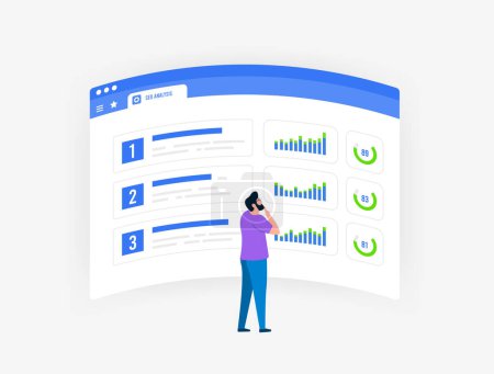 Illustration for SEO Competitor Analysis concept. Market research and data analysis of competitors in search results by number of backlinks, quality of content and keywords, indicators of various seo metrics. - Royalty Free Image
