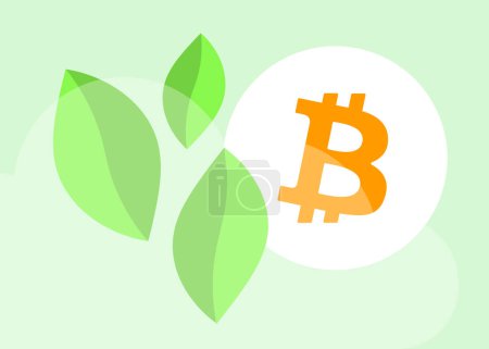 Illustration for Bitcoin Pollution - Energy Usage and Environmental Impact. Bitcoin mining carbon footprint harm to nature. Green Leaves Symbolize Climate Change Fight and Eco-Conscious Choices for Sustainable Future. - Royalty Free Image