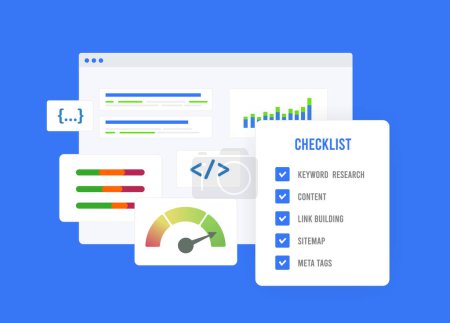 SEO Checklist - Boost Website Ranking and Web Page Performance. On-Page Optimization, Technical on-page and off-page SEO checklist, Mobile-Friendly Design, Content Marketing - Vector Illustration.