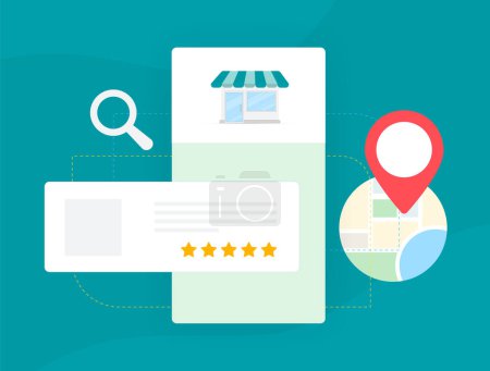 Illustration for Local SEO Strategy for small businesses concept. Local search business listings with map and ratings Icons for nearby places. Search marketing based on location, customer ratings and reviews. - Royalty Free Image