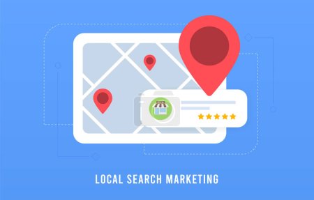 Local Search Marketing Konzept. Digitales Marketing basierend auf Standort, Kundenbewertungen und Bewertungen. Lokale SEO für kleine Unternehmen. Inserate mit Karten, roten Anstecknadeln und Sternen für nahe gelegene Orte.