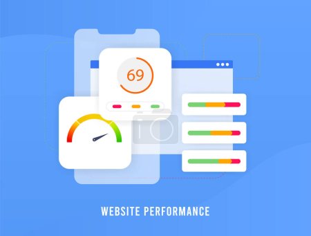 Website Performance Optimization Konzept. Verbessern Sie die Webseitengeschwindigkeit für verbesserte SEO-Metriken. Webbrowser mit Geschwindigkeitsanzeige, Verbesserung der Website-Performance, User Experience und SEO-Ranking.