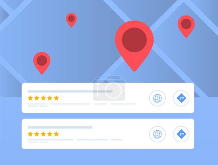 Search Engine Local Map Pack concept. The map segment in local search engine results highlights highest-ranked local listings relevant to gps area or the specified search location. Vector illustration