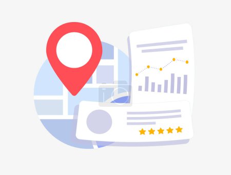 Local SEO Statistics and Trends for small businesses. Local searches analysis and ranking concept illustration. Compare proximity audit. Vector illustration
