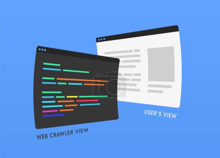 Illustration for Comparison and difference in how search engine crawler spider bot and user sees web page. Crawler bot scans website as code, ignoring graphic styles and scripts. Vector illustration - Royalty Free Image