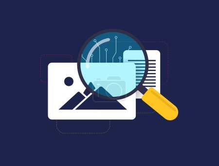 Illustration for AI Content Detector concept. Detect Artificial Intelligent Content - generated images or ai writing detector tool text. Vector isolated illustration on black background with icons. - Royalty Free Image