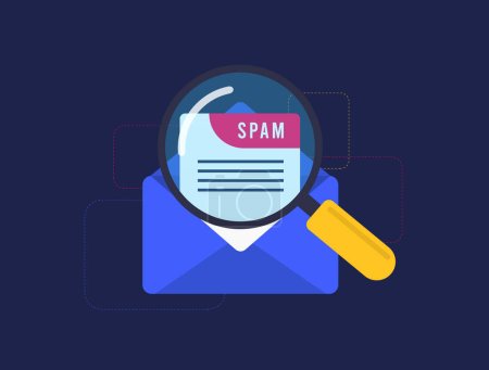 Email Spam vector icon. Unsolicited malicious e-mail envelope with warning message. Spam email message distribution, scam and fraud mail. Vector isolated illustration on black background with icons.