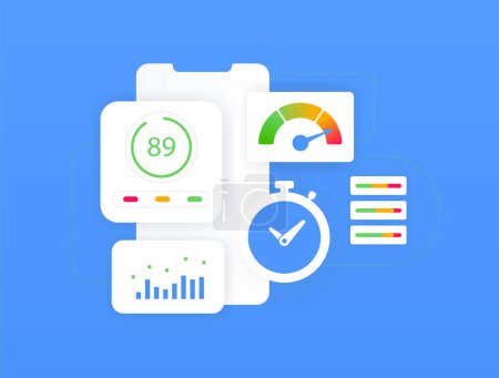 Illustration for Website Speed Test concept. Technical seo for enhance web page speed. Website loading speed vector isolated illustration on blue background with icons. - Royalty Free Image
