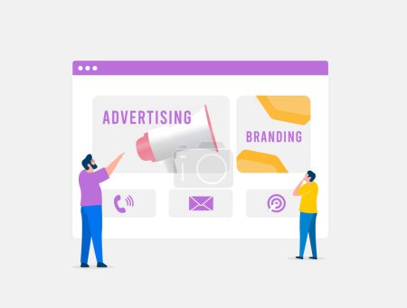 Agentur für digitales Marketing Branding, E-Mail-Kampagnen und Online-Strategien für effektive Markenförderung und Internetberatung. Online-Werbeagentur Illustration auf weißem Hintergrund mit Symbolen.