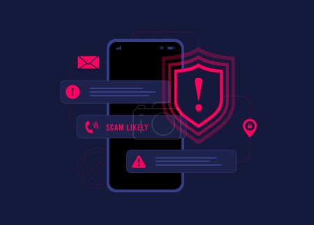 Mobile Fraud Alert, Phone scam, Online Warning. Spam Distribution or Malware Spreading Virus - mobile fraud alert warning notification. Vector isolated illustration on dark background with icons.