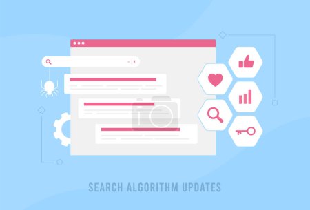 Illustration for Search Algorithm Updates concept. Changing core algorithm for improve search result quality and website ranking. Digital marketers and SEO strategists vector illustration on blue background with icons - Royalty Free Image
