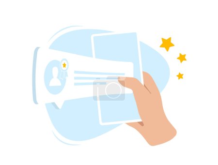 Illustration for Verified Customer Reviews. Real Feedback for Trust and Satisfaction concept. A hand holds a mobile phone with verified and trusted review. Vector illustration isolated on white background with icons. - Royalty Free Image