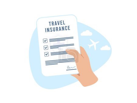 Illustration for Travel Insurance concept. Drawn hand holds medical or travel insurance contract document. Vector illustration isolated on white background with icons. - Royalty Free Image