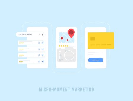 Illustration for Micro-moment marketing concept. People use their phones to quickly do something they need. Customer Journey in Mobile Marketing. Vector illustration isolated on blue background with icons. - Royalty Free Image