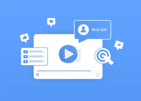 Illustration for Personalized Video Content Marketing - created and customized video for specific individual viewer. Personalized video marketing vector isolated illustration on blue background with icons. - Royalty Free Image