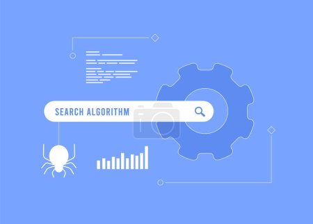 Illustration for Searching Algorithms concept. Changing search engine algorithm for improve ranking results. Search algorithm update vector illustration on blue background with icons. - Royalty Free Image