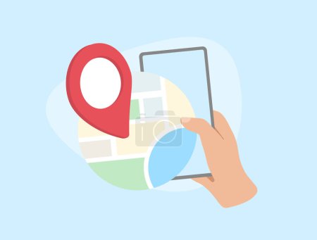 Búsqueda local - Encontrar negocios cercanos en el mapa. Ilustración para SEO local y marketing basado en la ubicación. Icono vectorial aislado sobre fondo azul.