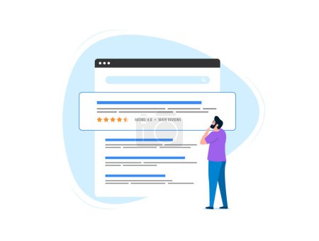 Review snippets concept. SERP Features and Rich Snippets based on customer reviews. Man studies search results and looks at site rating. Vector isolated illustration on white background with icons.