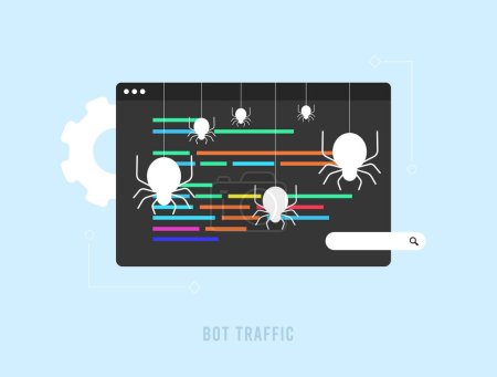 Illustration for Bot traffic - SEO crawler bots, site-monitoring, aggregator, commercial robots and other non-human visitors to website. Search Engine Bot Vector isolated illustration on blue background with icons. - Royalty Free Image