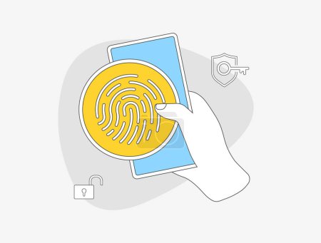 Konzept der biometrischen Authentifizierung. Passwortlose Fingerabdruck-Identitätsmethode ohne Passwort. Biometrische Authentifizierungsvektorabbildung isoliert auf weißem Hintergrund mit Symbolen.