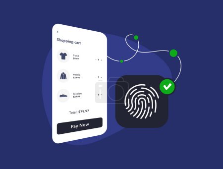 Illustration for Biometric Payment Authentication in Mobile Checkout Process. Fast and secure payment confirmation with m-commerce biometric checkout fingerprint authentication. Frictionless Payment illustration. - Royalty Free Image
