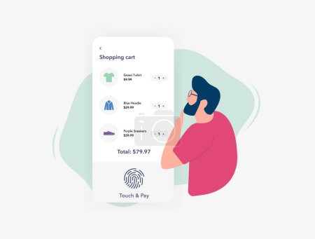 Illustration for Fingerprints Contactless Biometric Payment Authentication. Frictionless Touch and Pay in Mobile Commerce Checkout Process. Secure payment confirmation with biometric fingerprint authentication. - Royalty Free Image