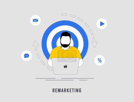 Illustration for Digital marketing strategy with Remarketing strategy. Drive online ads to target audiences for increased product or service purchases. Vector illustration isolated on white background with icons. - Royalty Free Image
